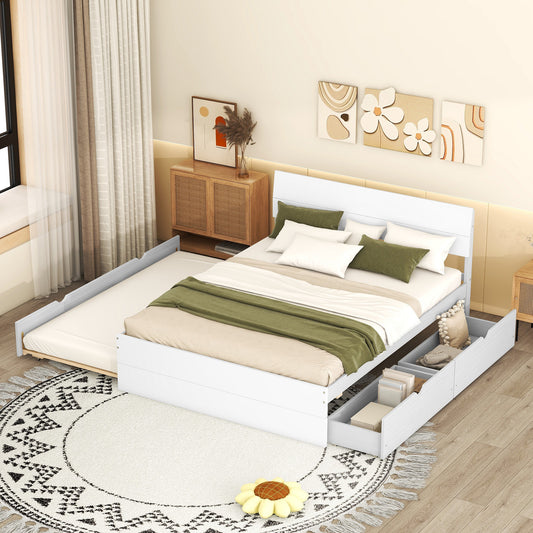 White wooden twin bed frame with pullout trundle and storage drawers