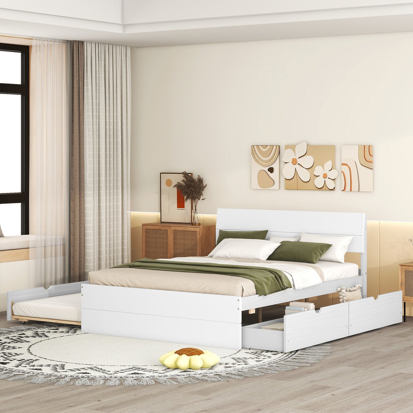 White wooden daybed with pullout trundle and storage drawers