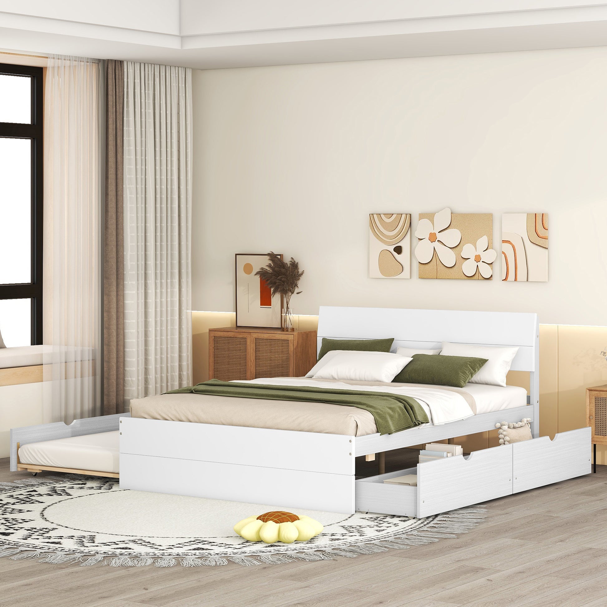 White wooden daybed with pullout trundle and storage drawers