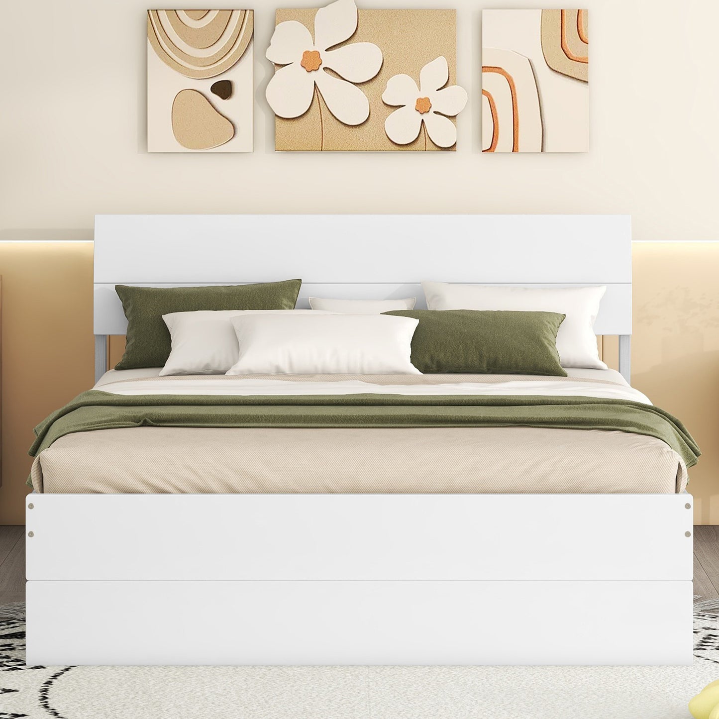 Modern white platform bed frame with upholstered headboard and green accent pillows