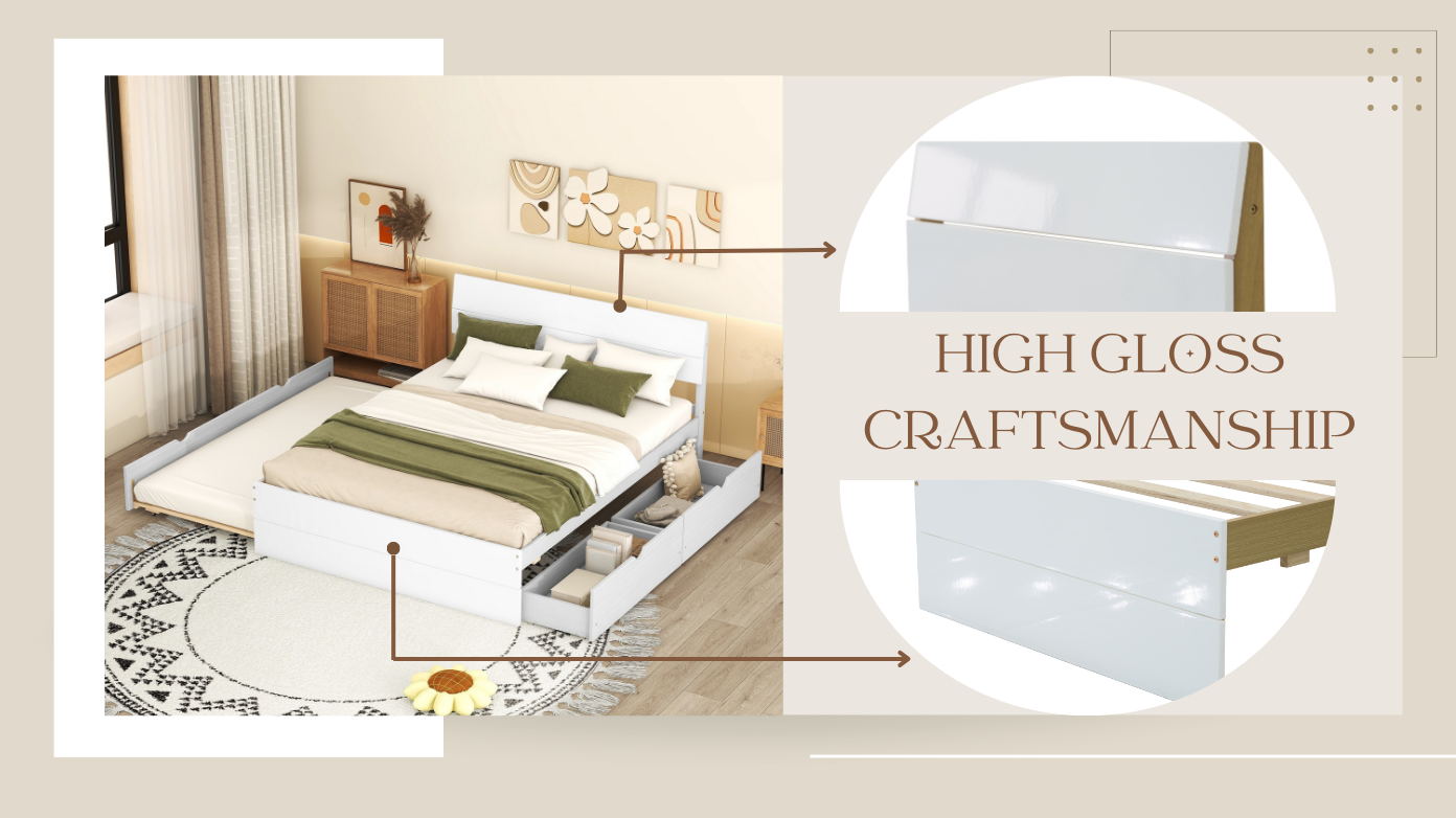 White bed frame with pullout trundle and drawers featuring high gloss finish