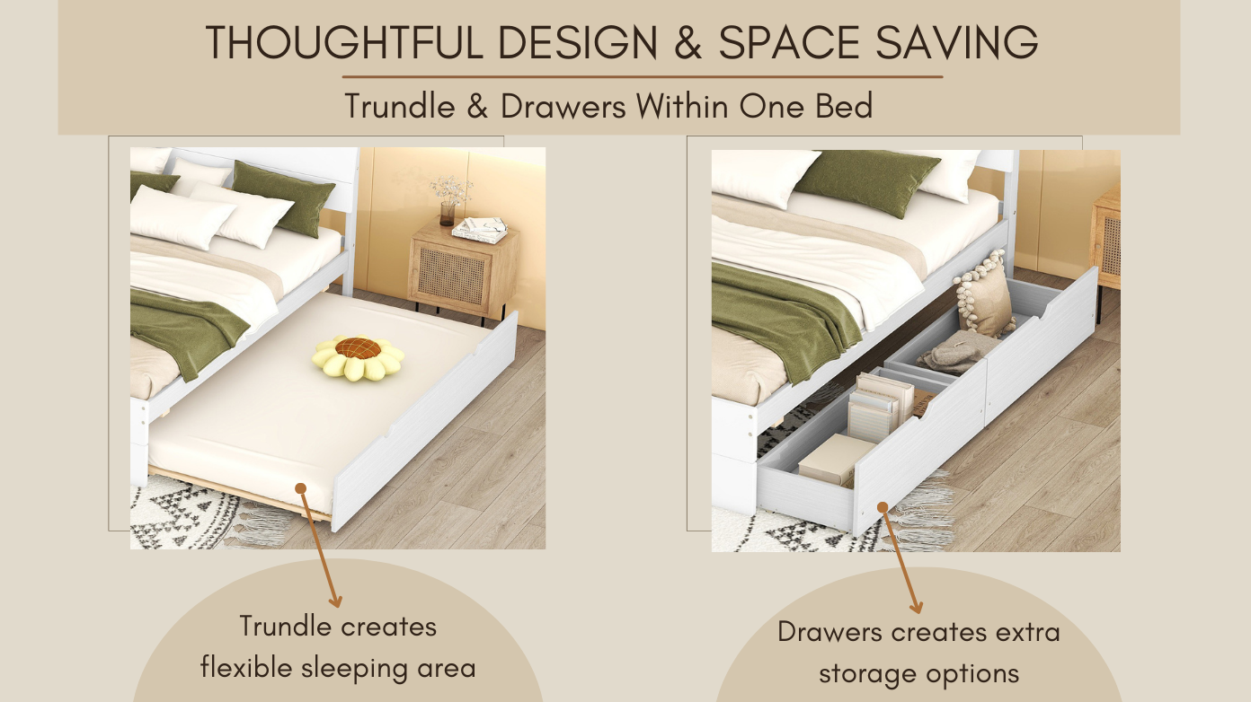 White twin bed with extended trundle for extra sleeping space