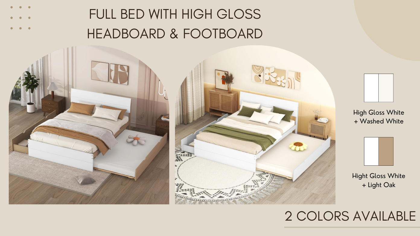 White high gloss full bed with pullout trundle