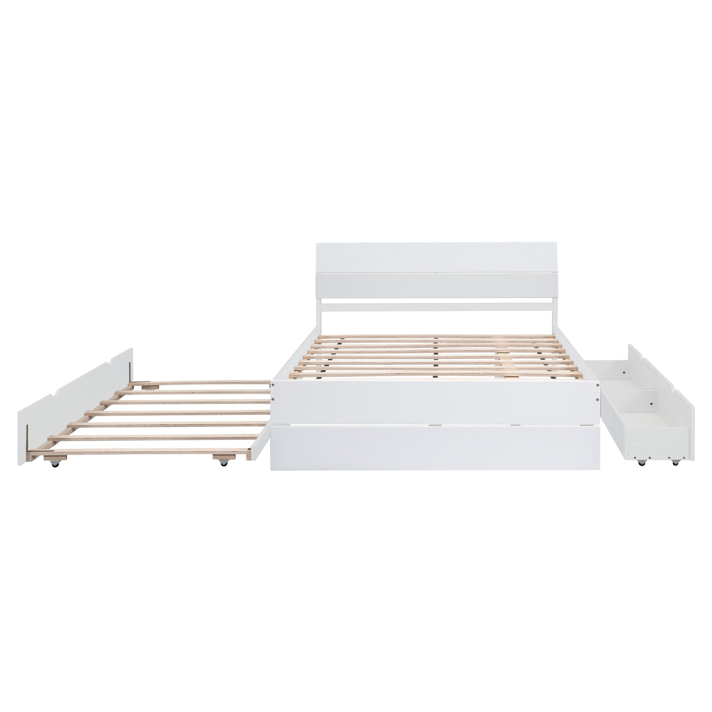 White wooden bed frame with three pullout drawers and an extendable slat system