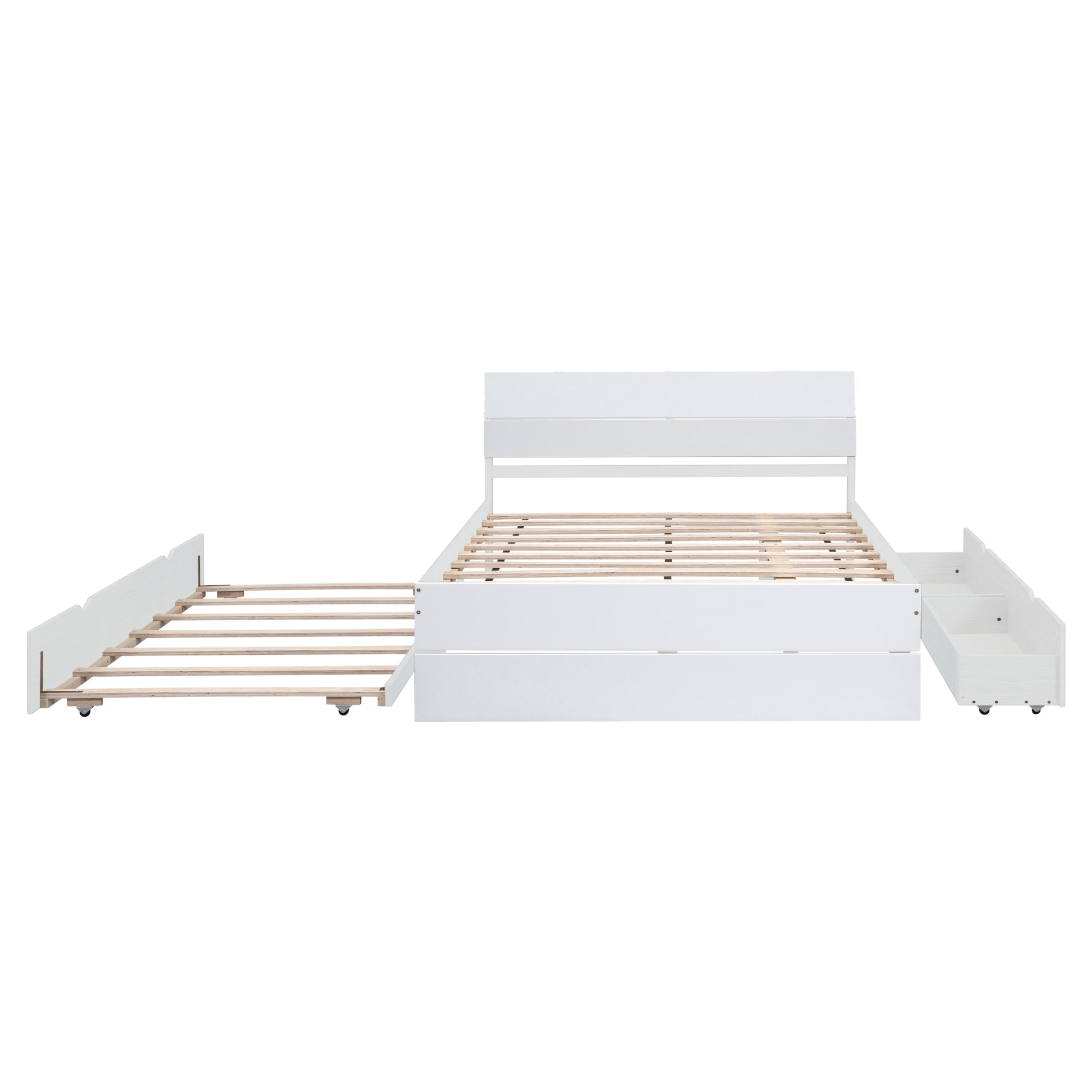 White wooden bed frame with three pullout drawers and an extendable slat system