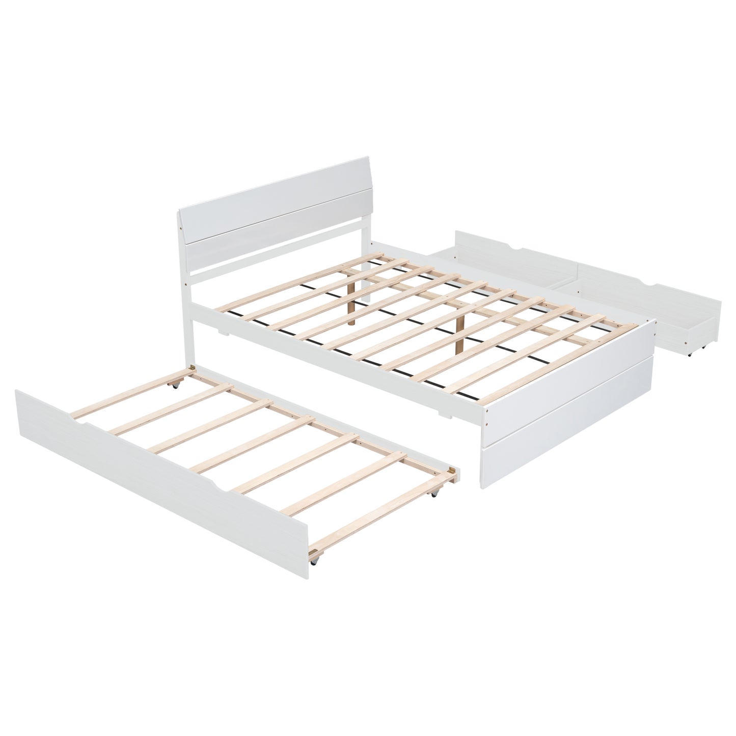 White wooden daybed frame with pullout trundle and drawers