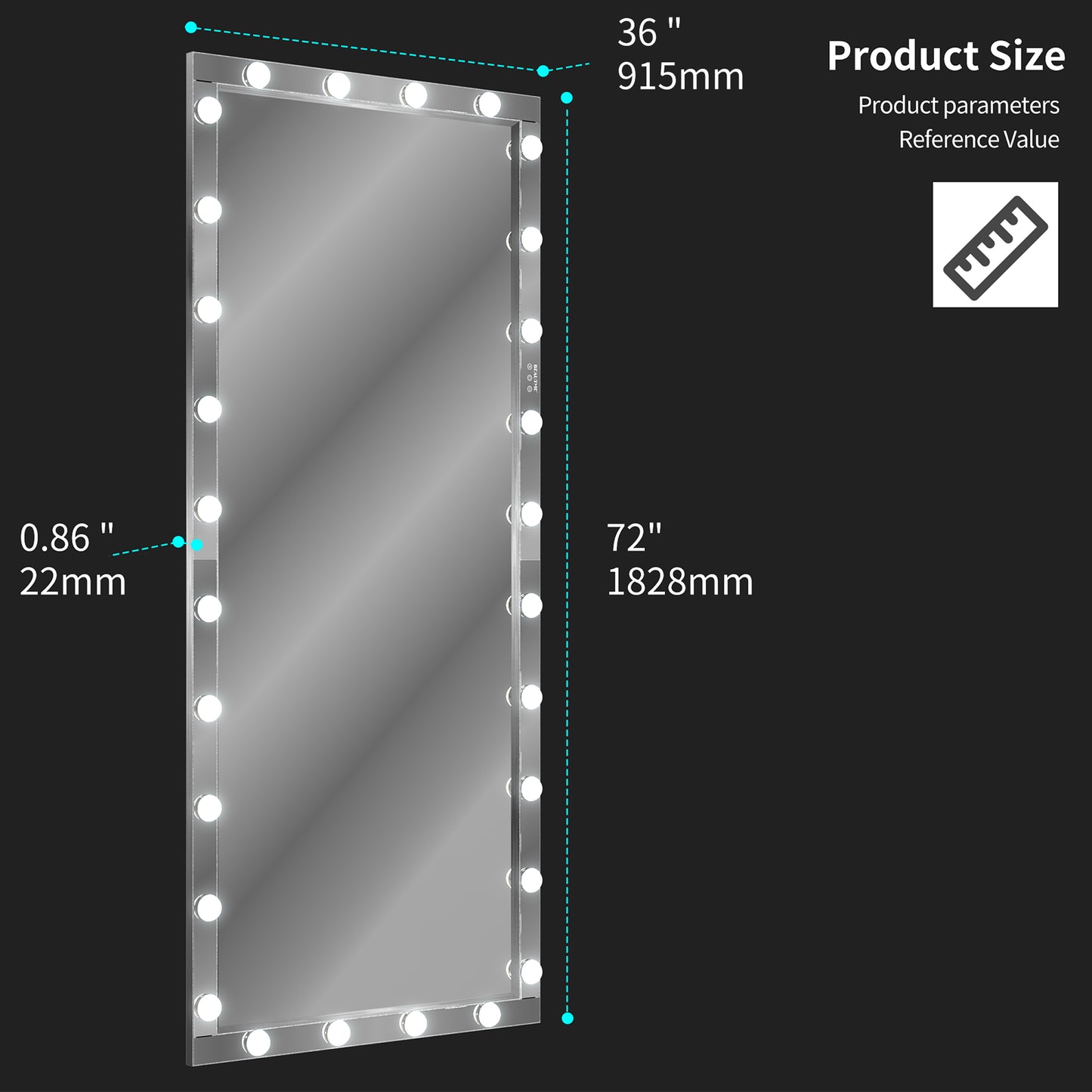 Large vanity mirror with integrated LED lights and silver frame