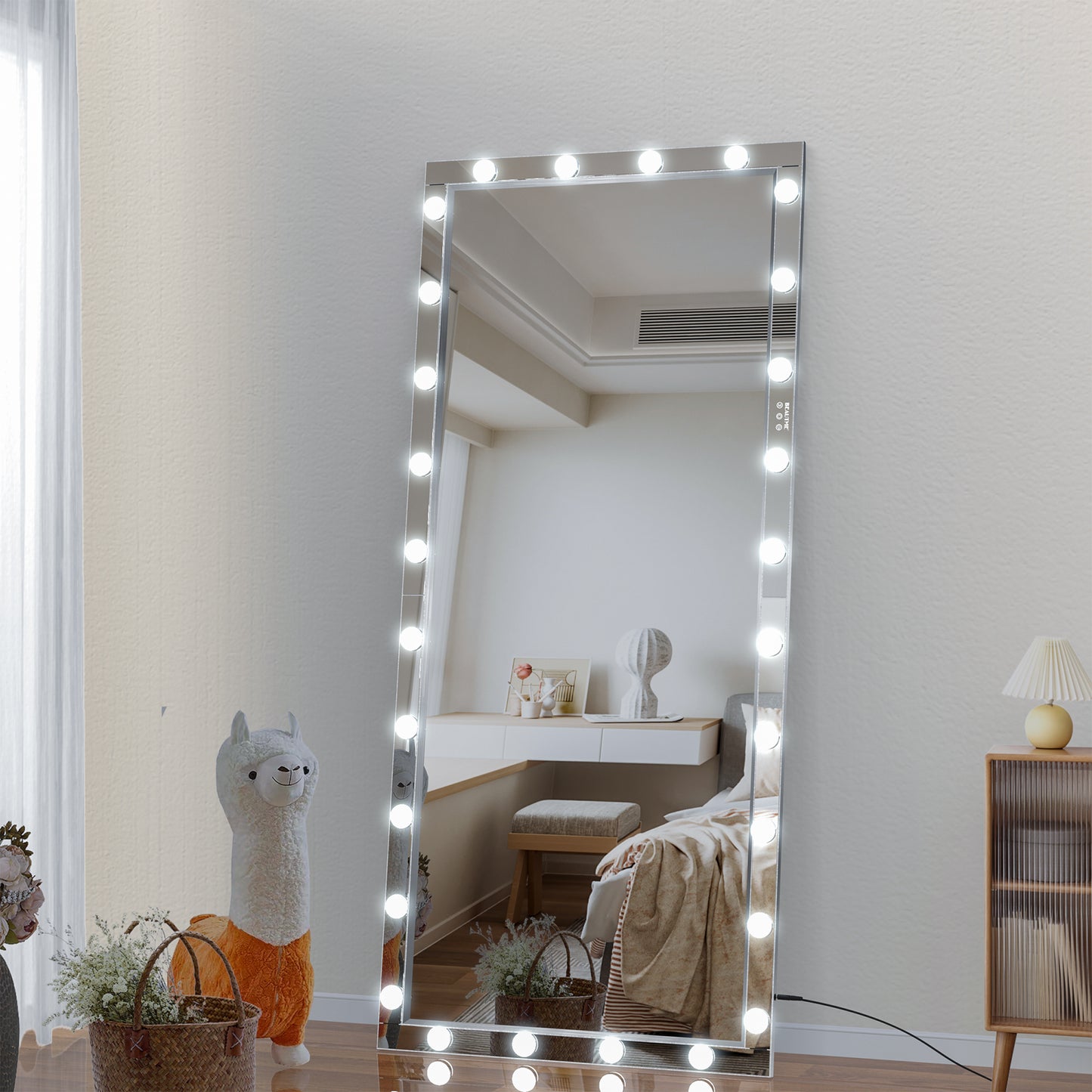 Fulllength vanity mirror with LED lights for makeup application
