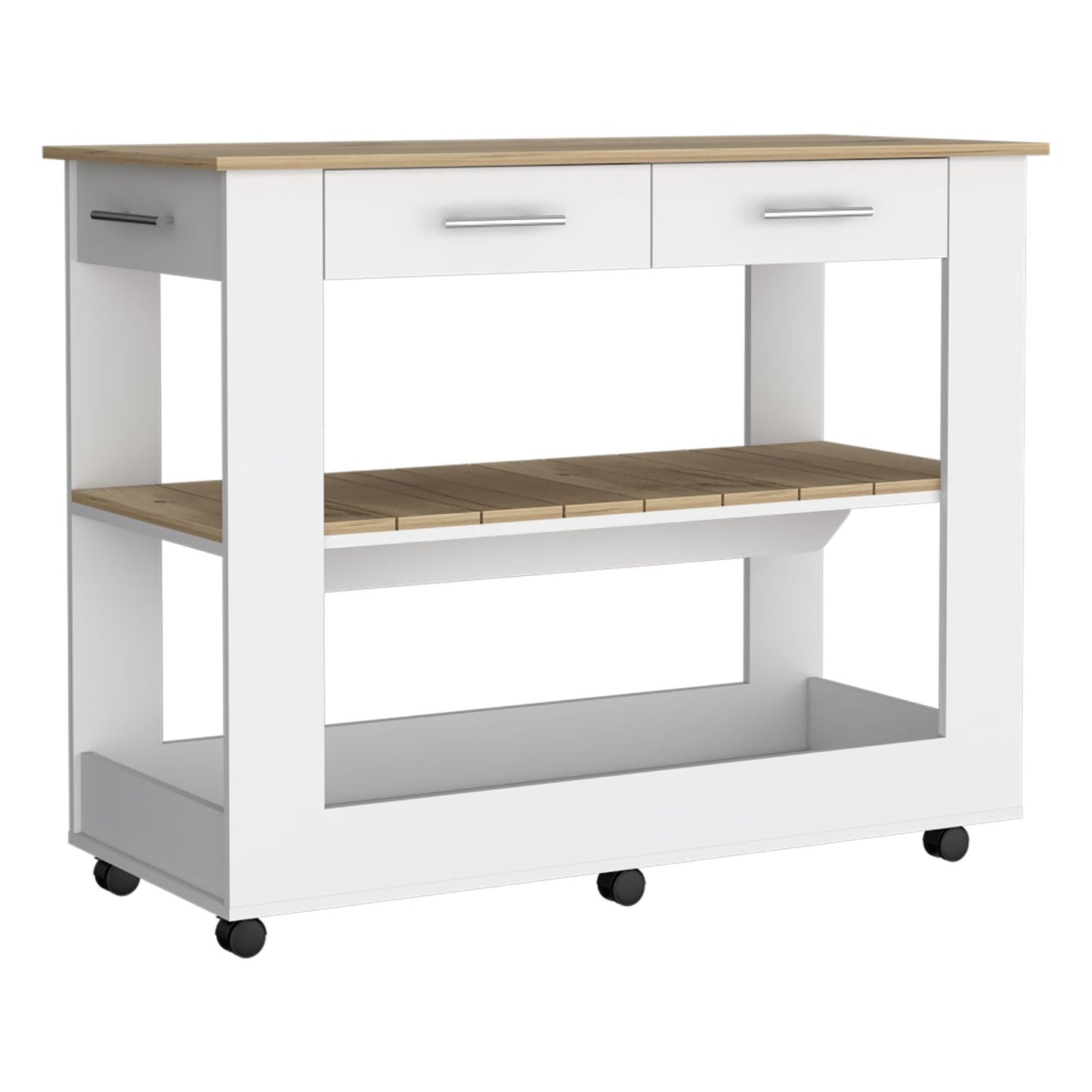 White kitchen island cart with two drawers and slatted wood shelf
