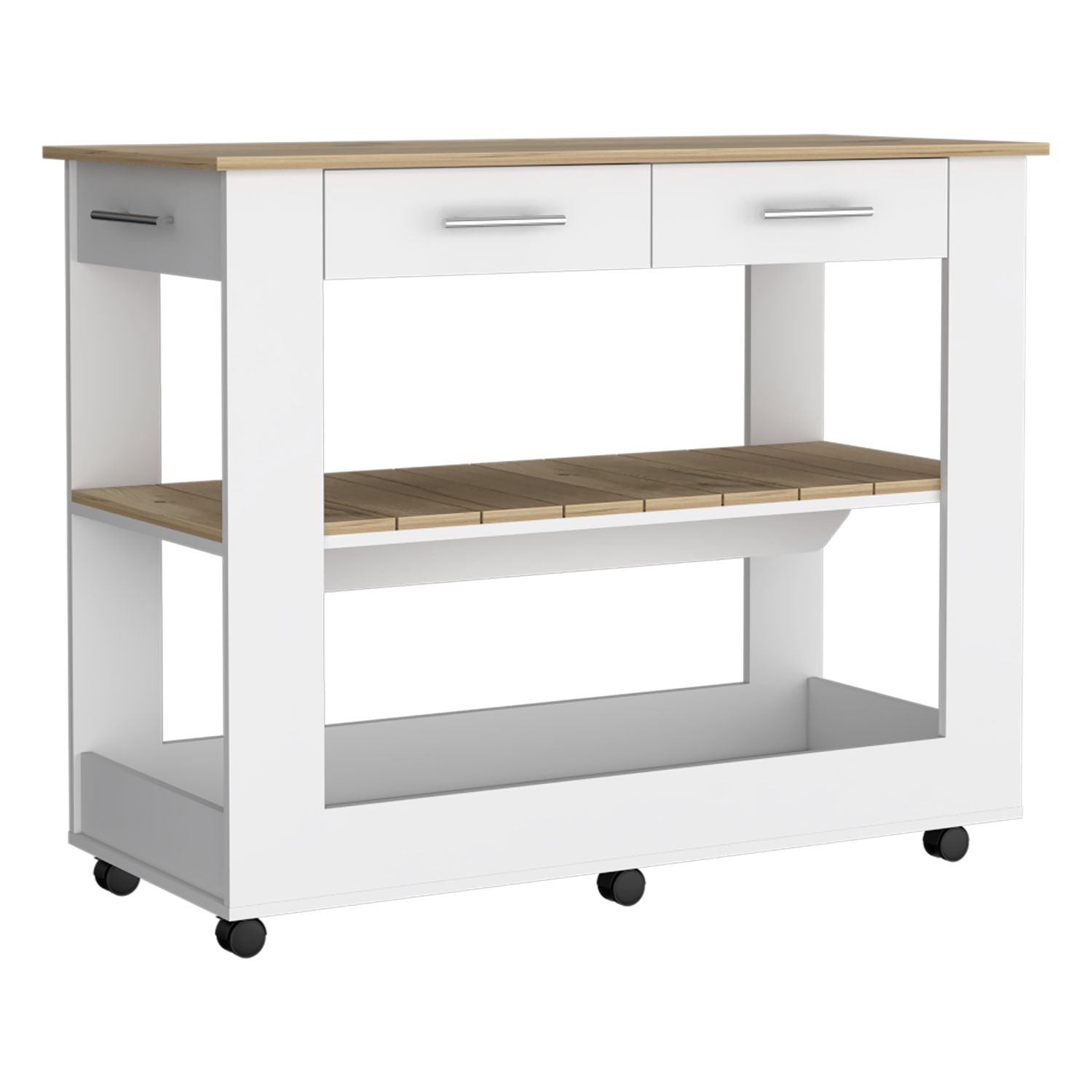 White kitchen island cart with two drawers and slatted wood shelf