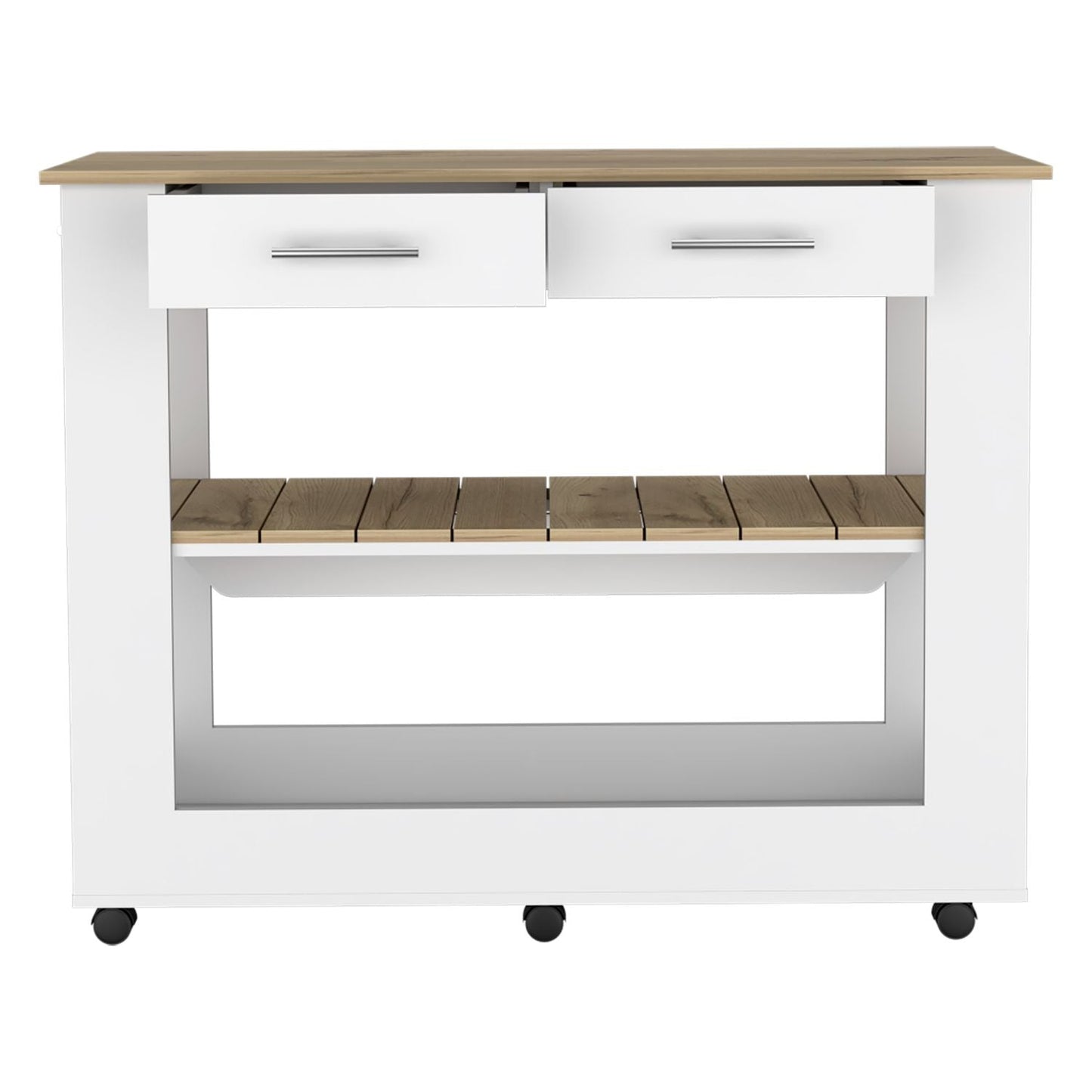 White kitchen cart with two drawers and slatted wood shelf