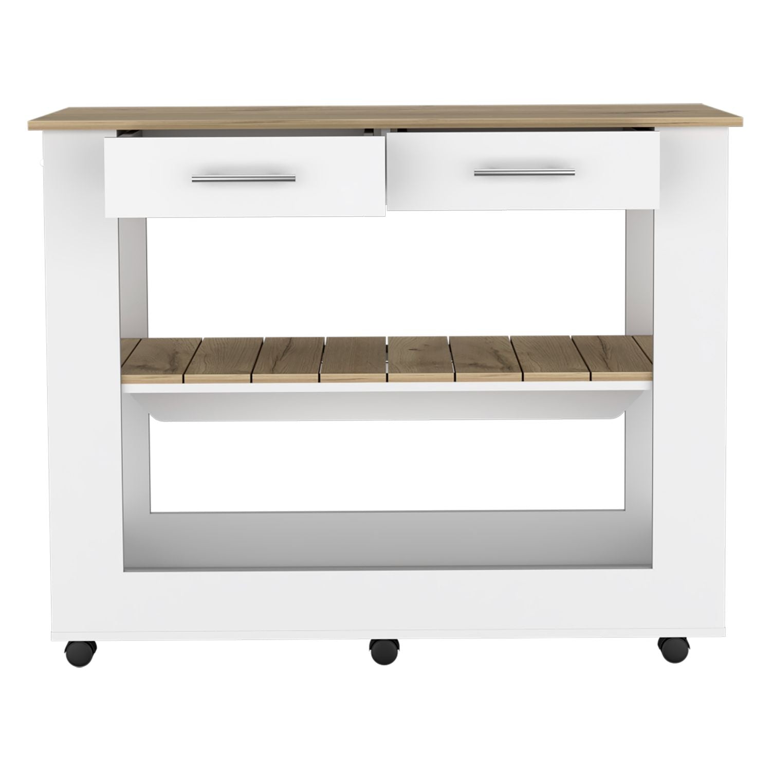 White kitchen cart with two drawers and slatted wood shelf