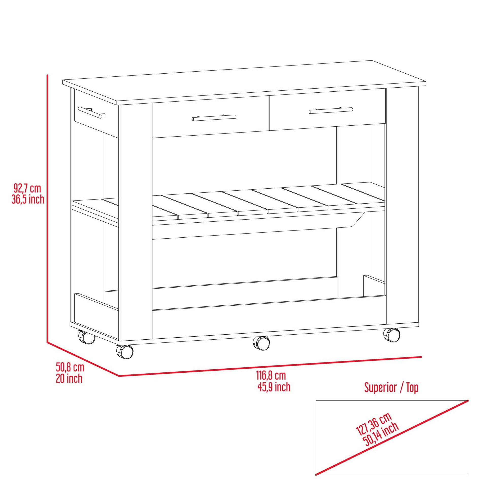 White kitchen cart with two drawers and open shelves