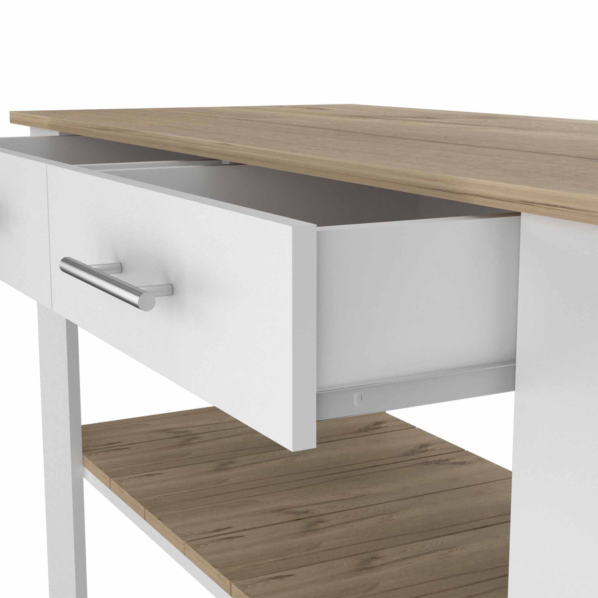 White and oak kitchen island with open drawer and shelf