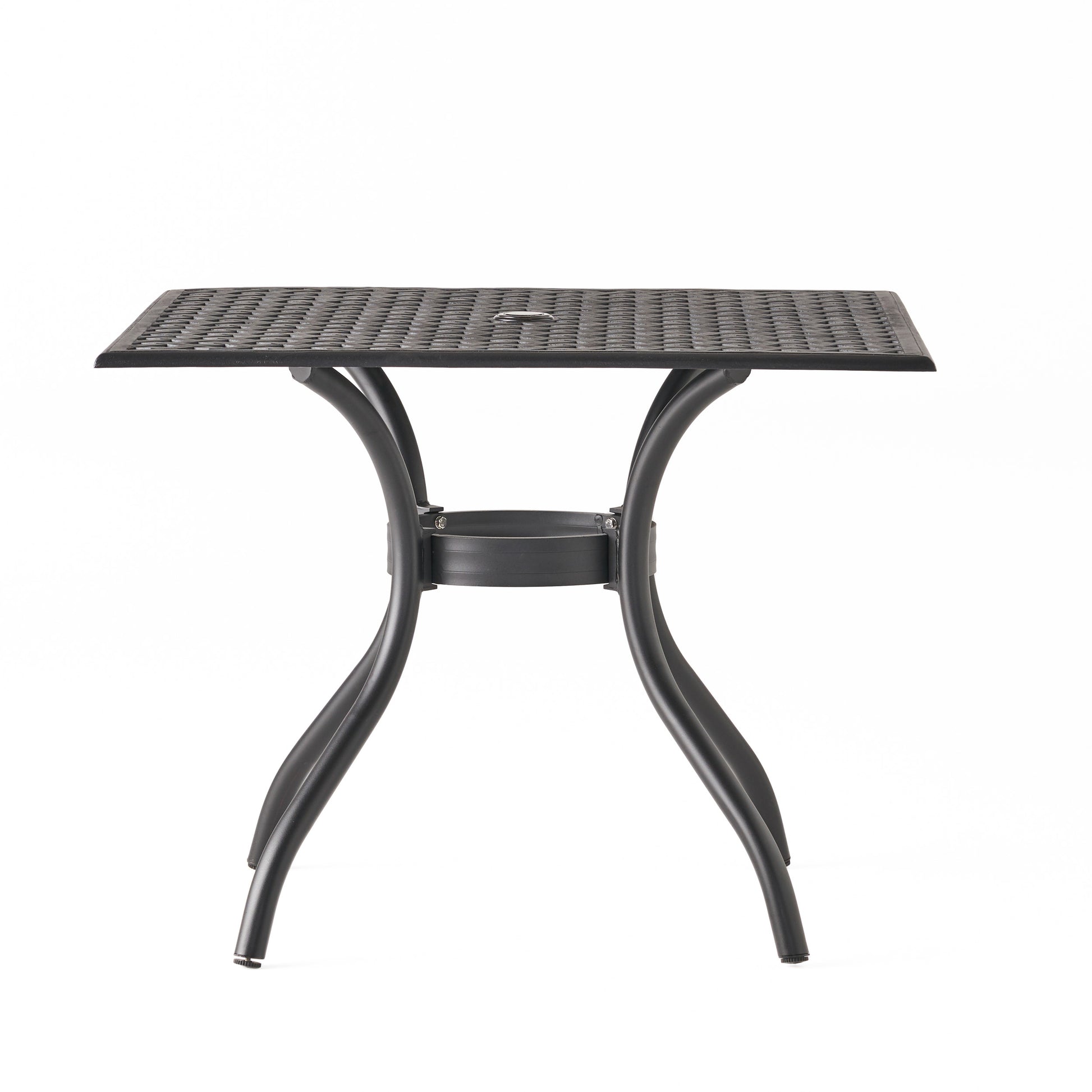 Black metal patio table with intricate patterned tabletop and curved legs perfect for outdoor dining