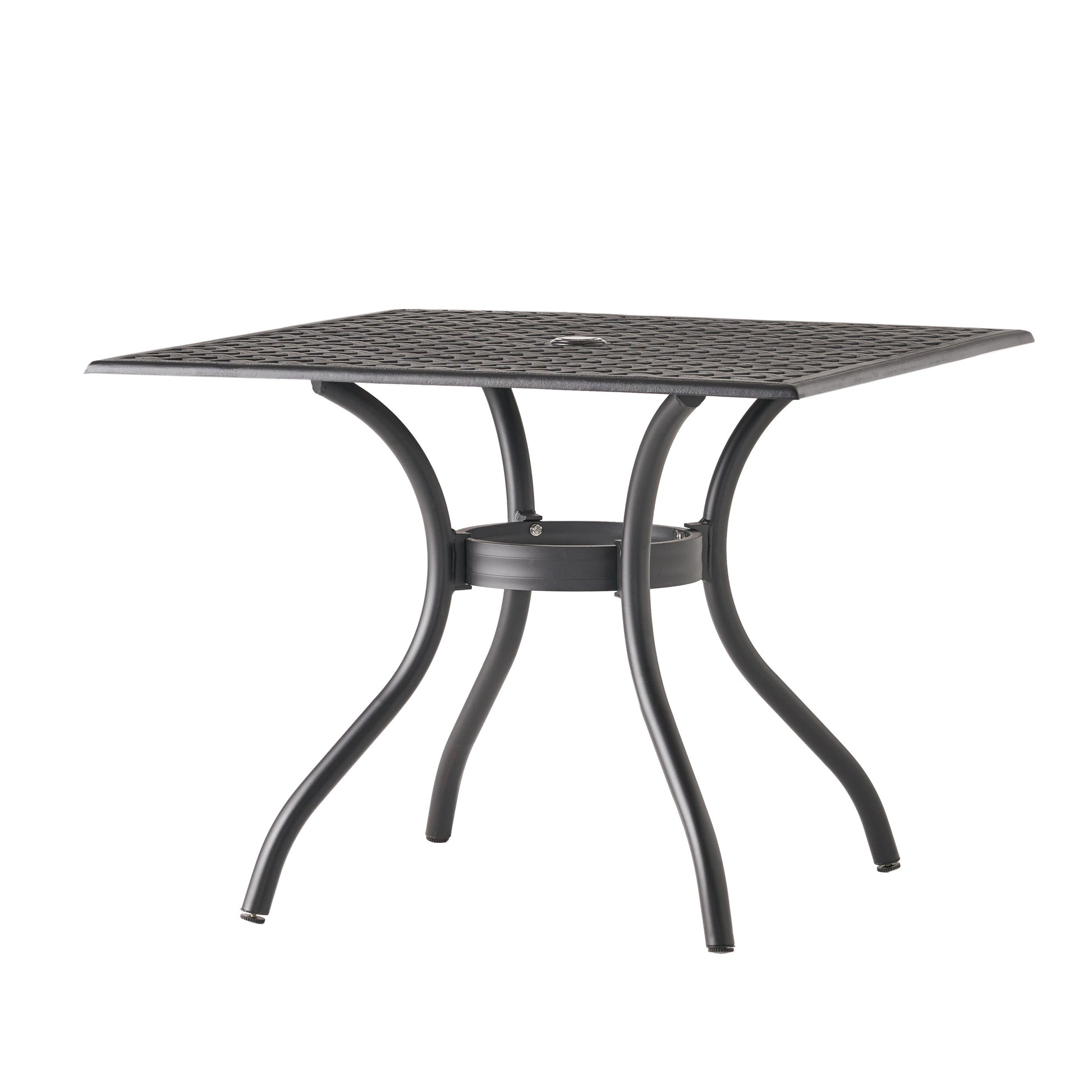 Black metal square outdoor patio table with woven lattice top and curved legs