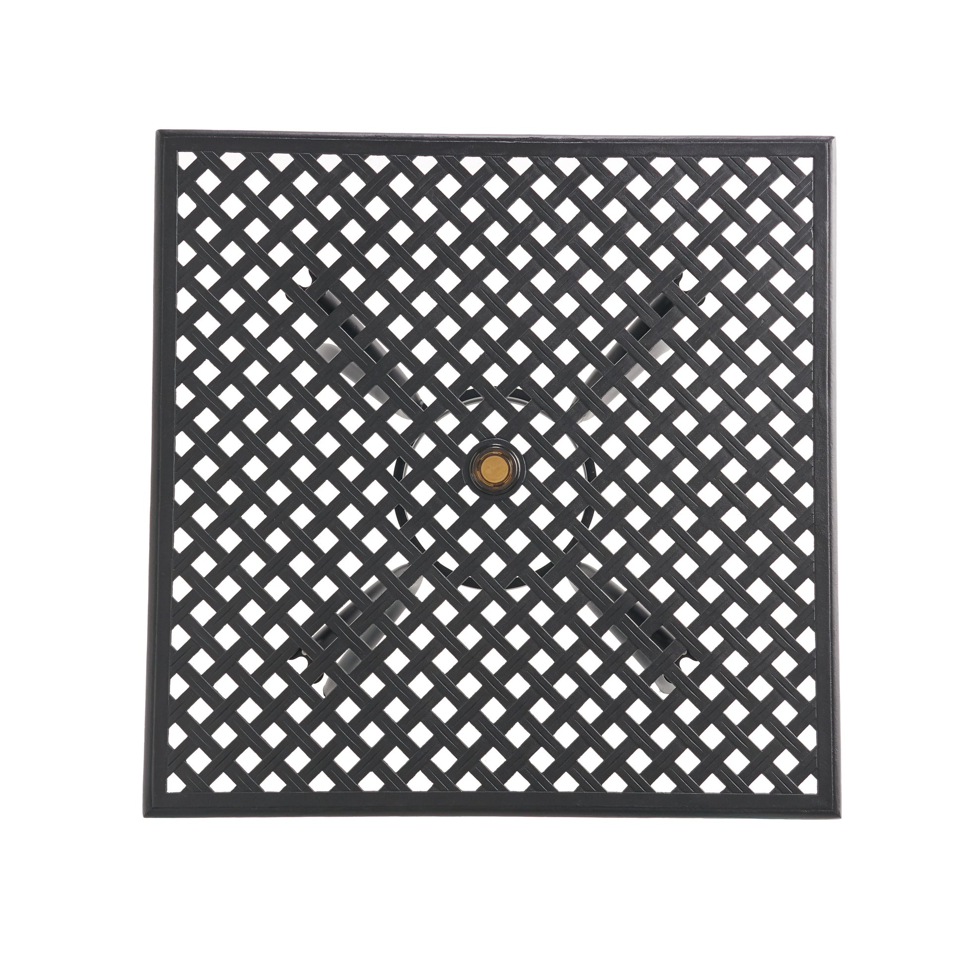 Black cast iron square table top with diamond lattice design and umbrella hole