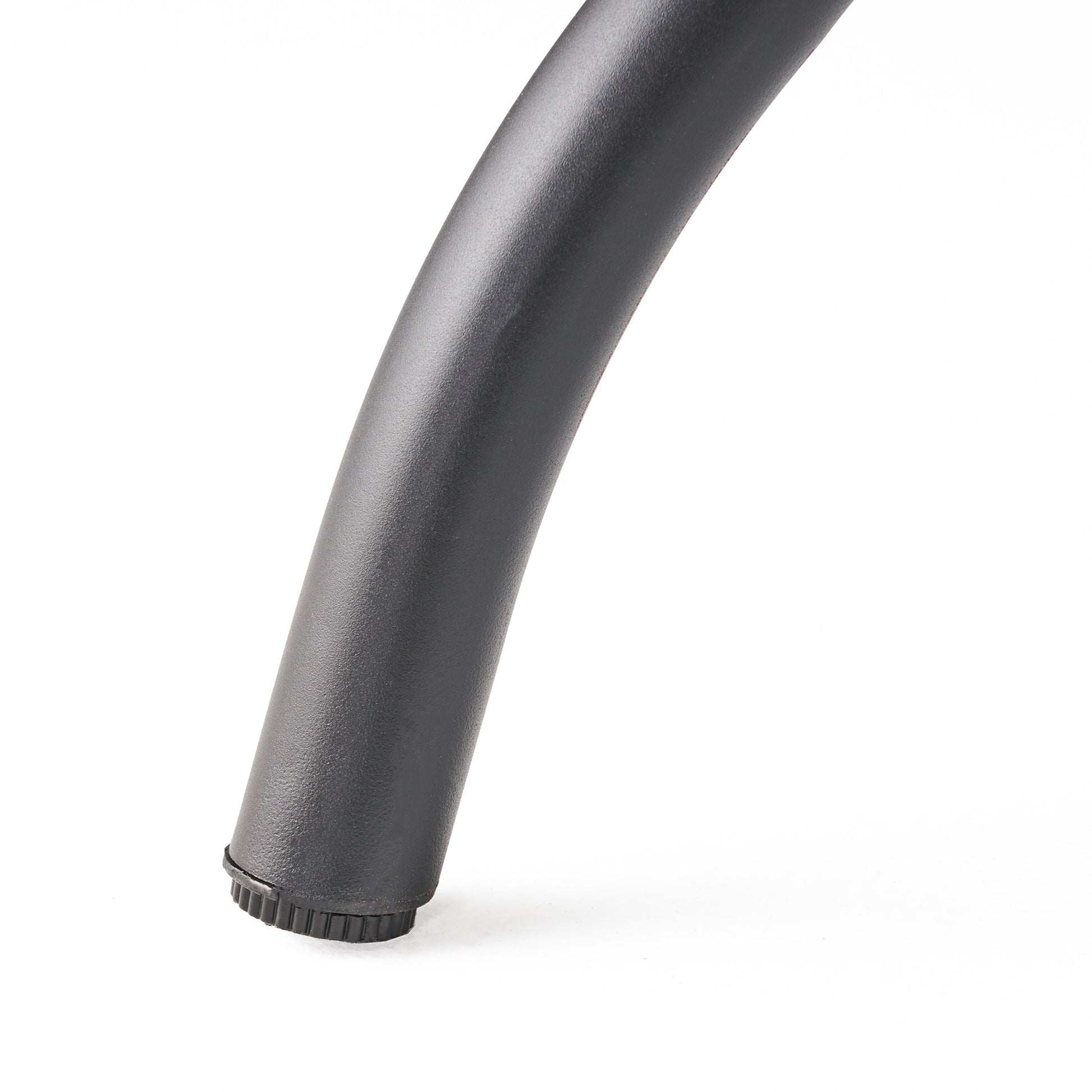 Close up of a black textured metal table leg with adjustable foot