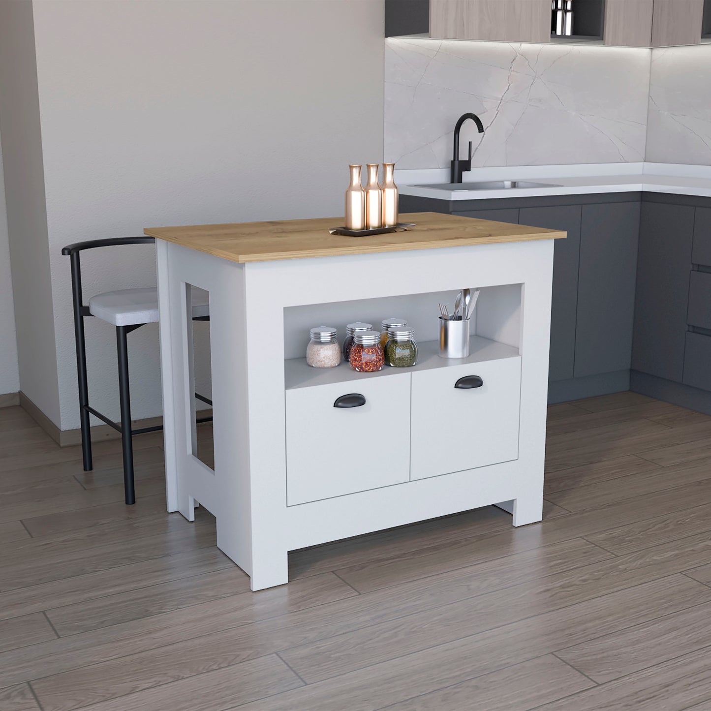White kitchen island with wood top and two drawers perfect for small kitchens