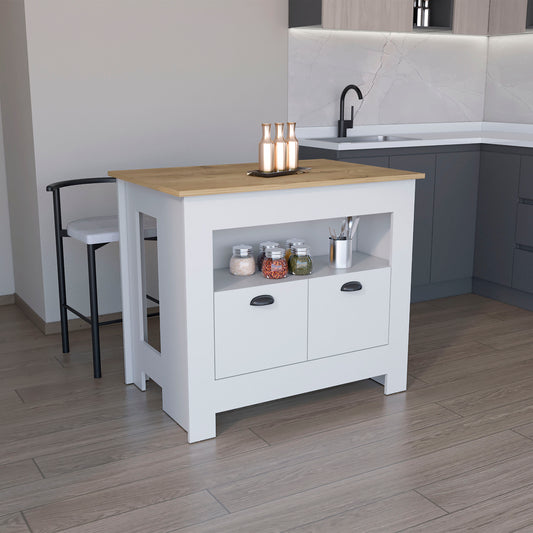 White kitchen island with wood top and two drawers perfect for small kitchens
