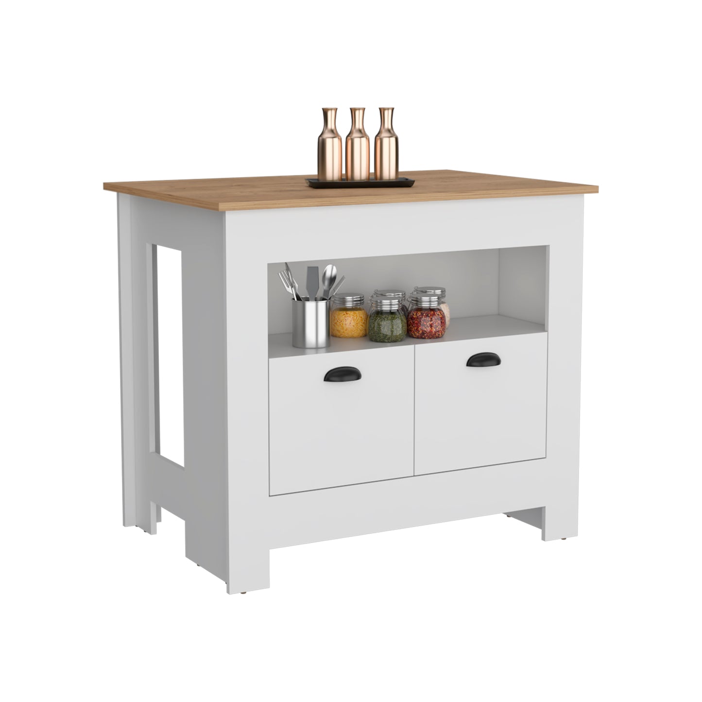 White kitchen island with wood top featuring two drawers and open shelving holding jars of spices and cutlery