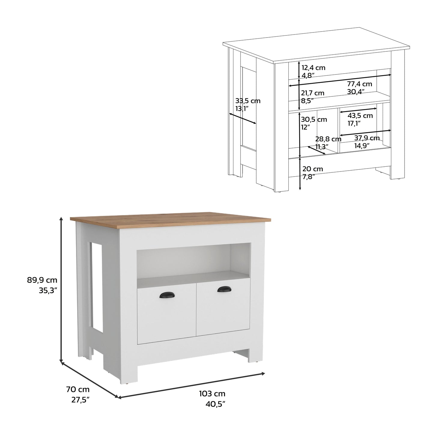 White kitchen island with oak top and two drawers