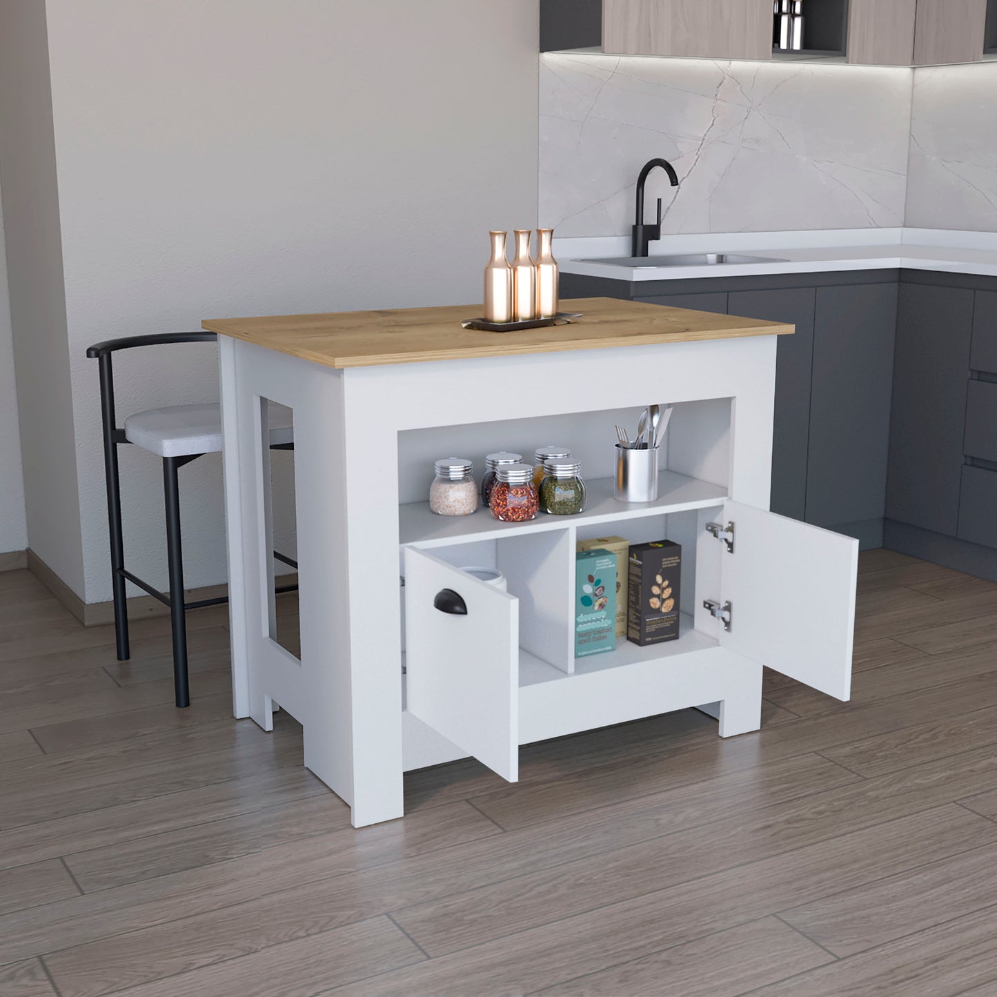 White kitchen island with wood top and open shelves displaying jars and boxes