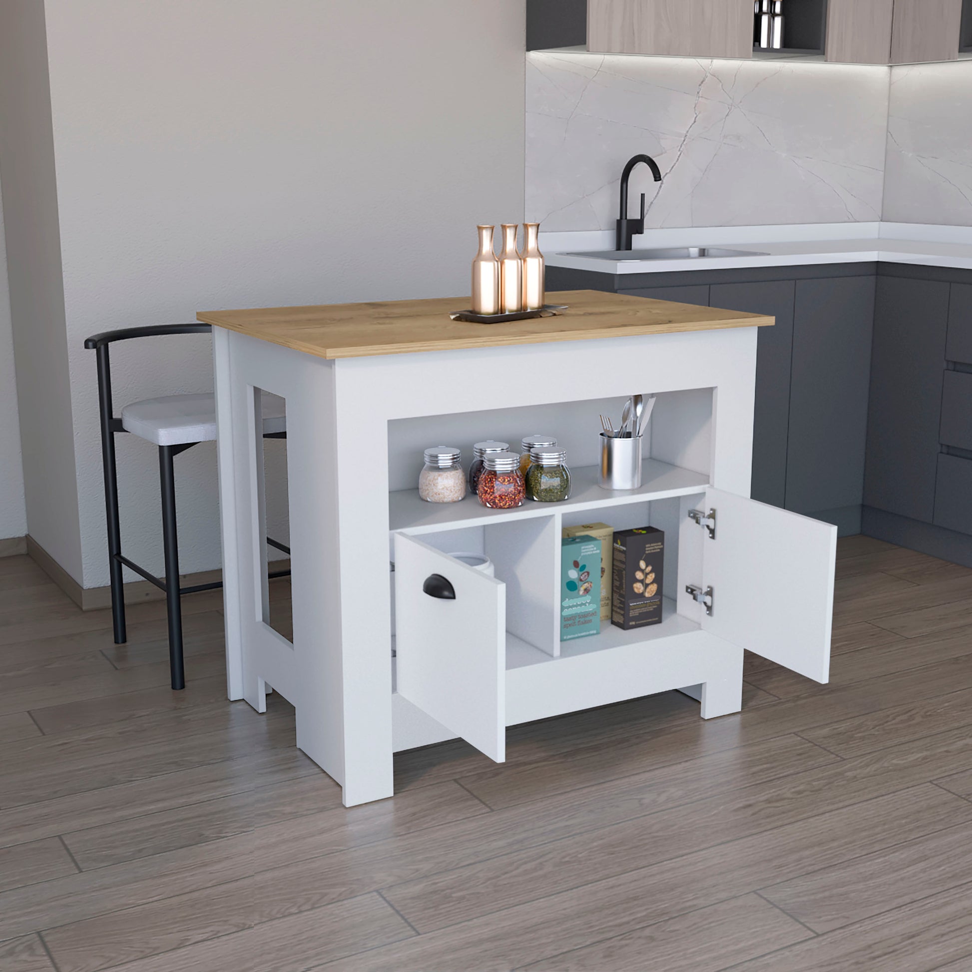 White kitchen island with wood top and open shelves displaying jars and boxes