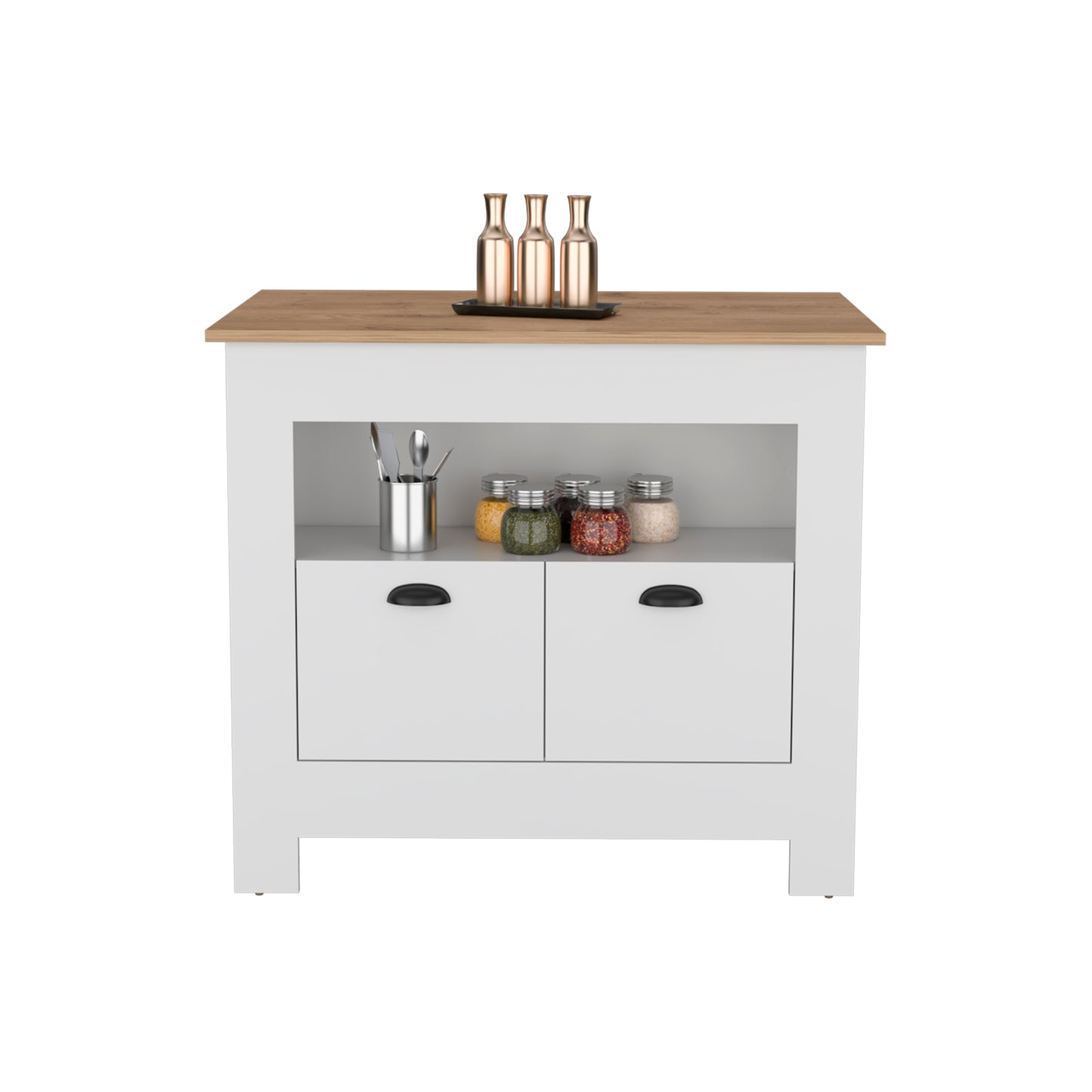 White kitchen island with wood top and two drawers perfect for small spaces