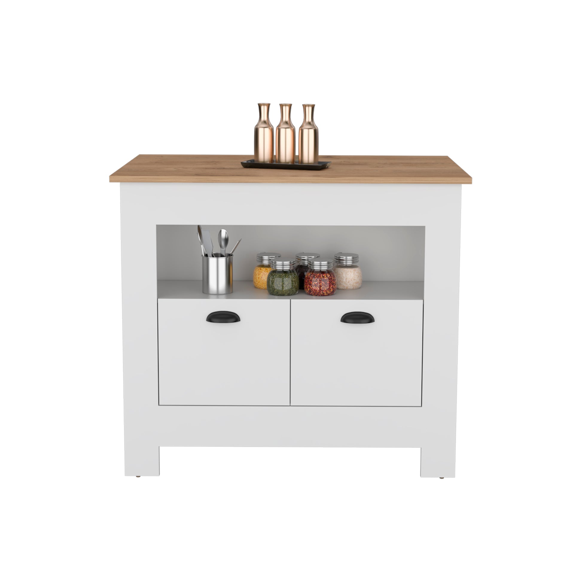 White kitchen island with wood top and two drawers perfect for small spaces