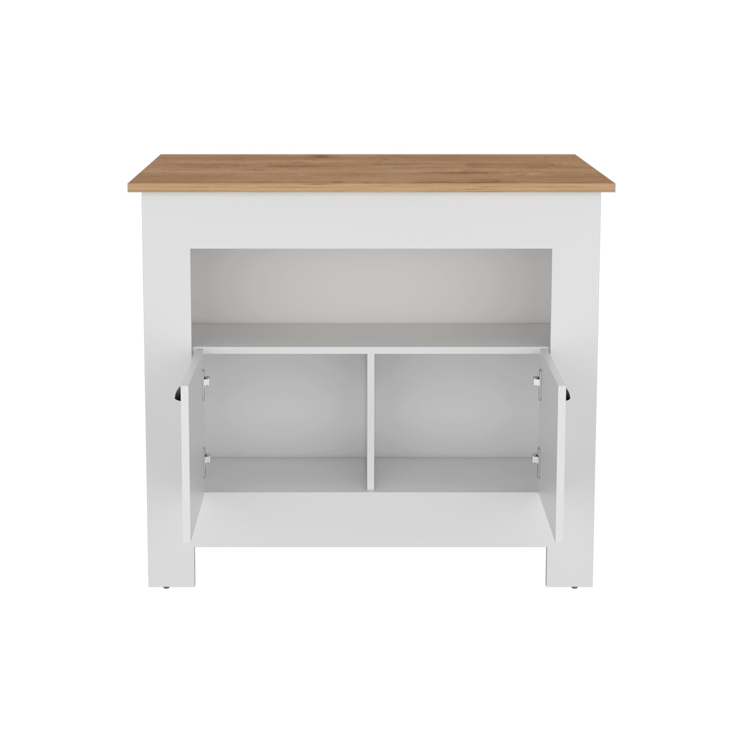 White twodoor cabinet with oak wood top and internal shelves ideal for storage