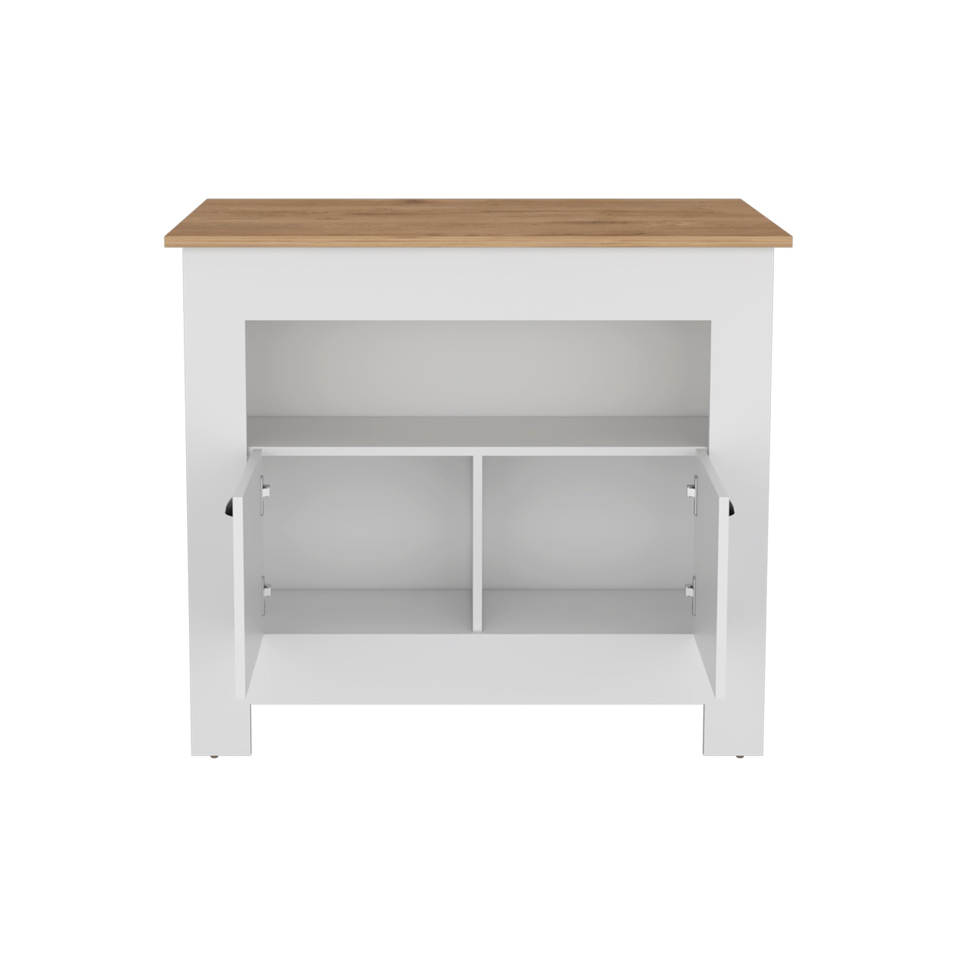 White twodoor cabinet with oak wood top and internal shelves ideal for storage