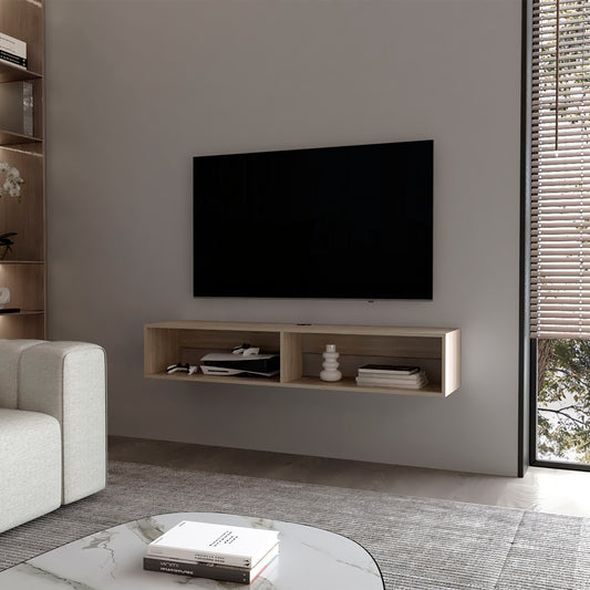 Floating oak TV stand with open shelves holding console and decor