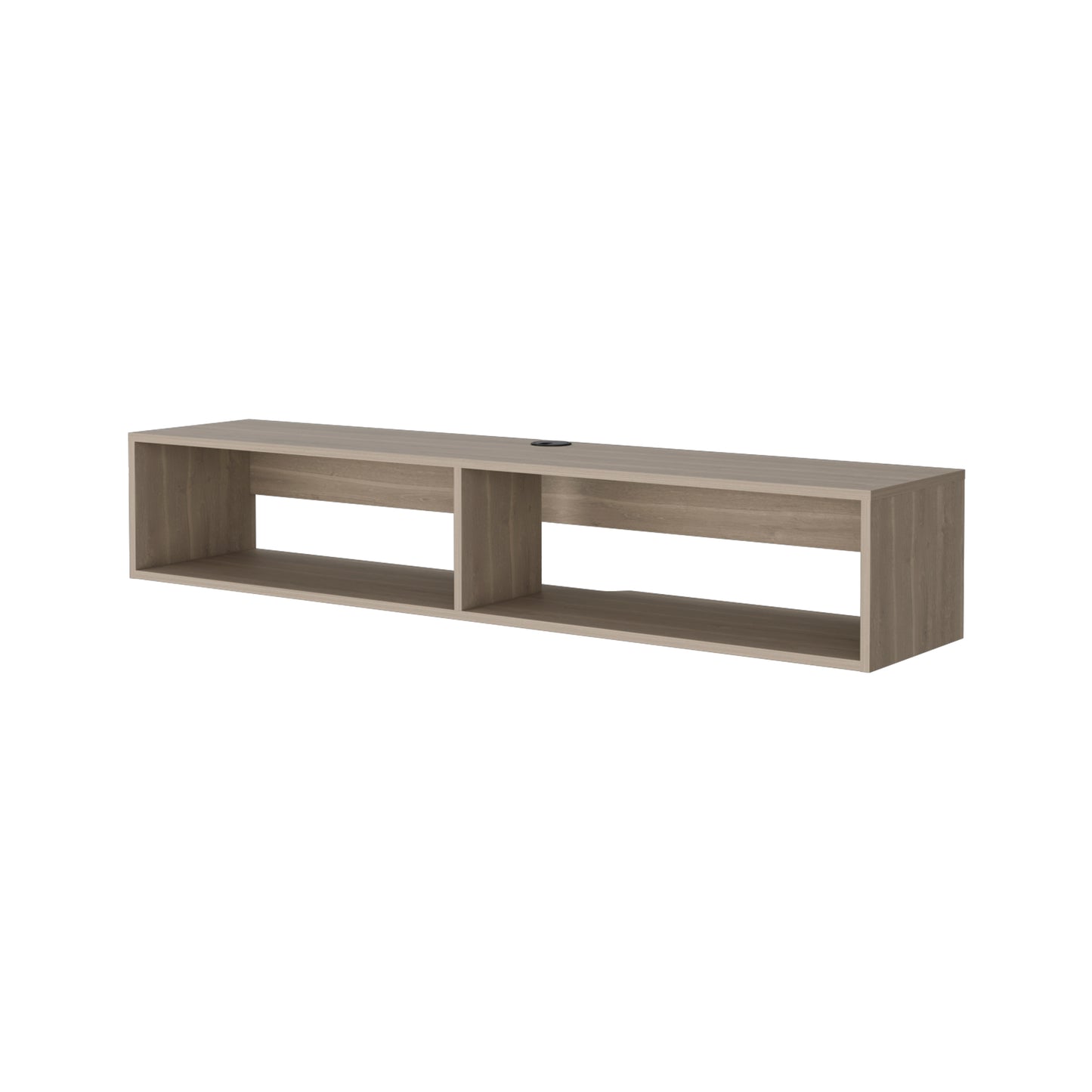 Floating media console in light oak finish with two open shelves and cable management cutout