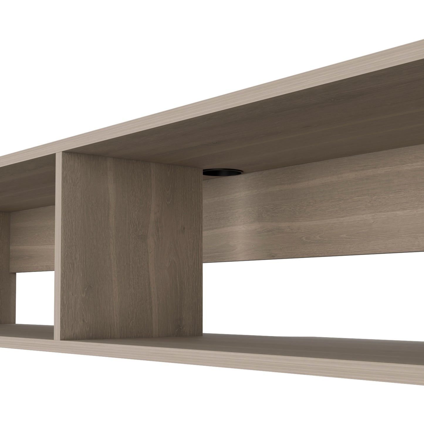 Modern oak finish media console with cable management hole perfect for living rooms
