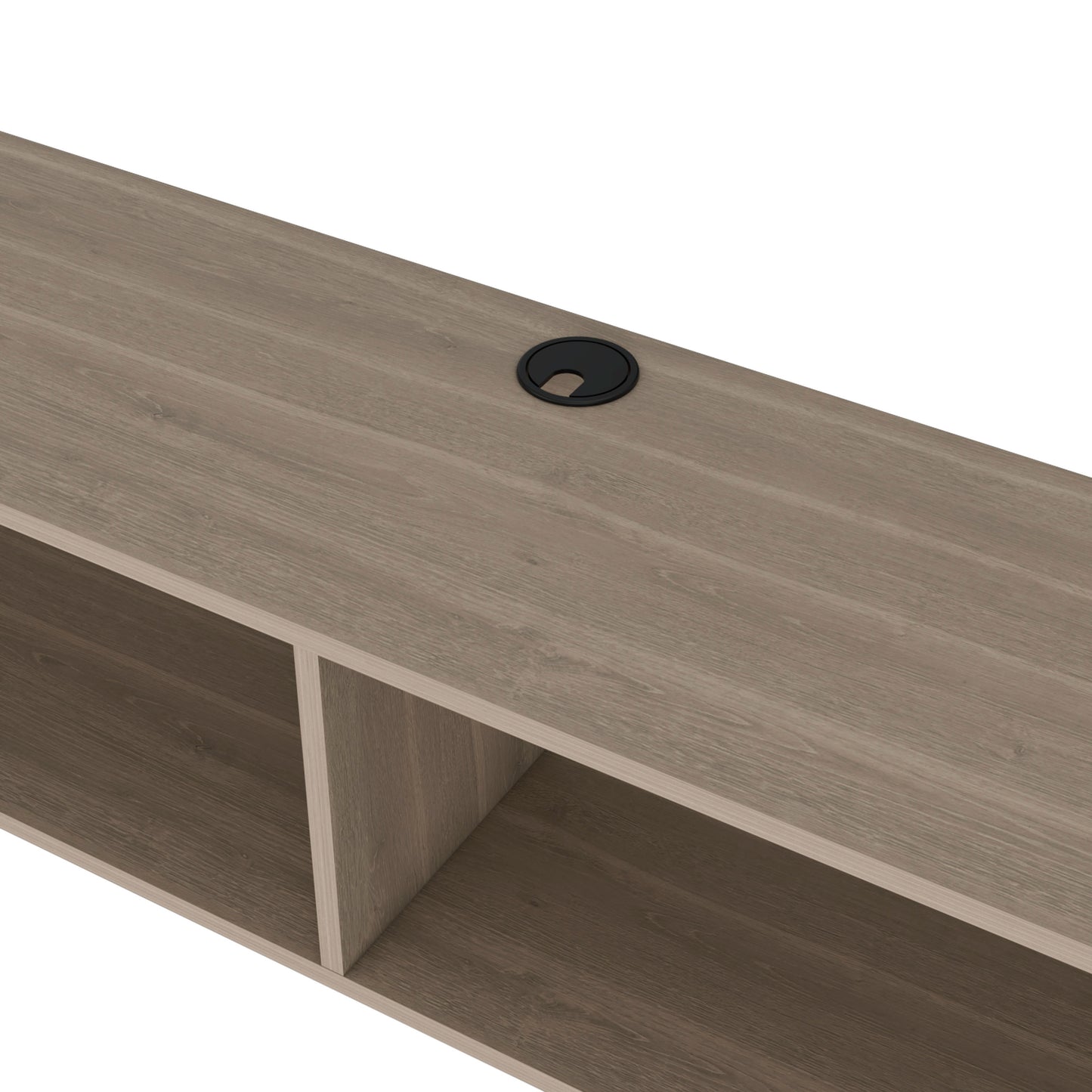Modern grey wood entertainment center with cable management cutout
