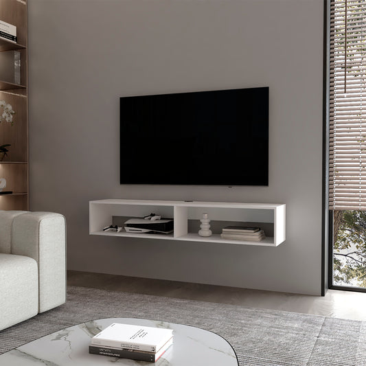 Floating white media console with gaming console and controllers