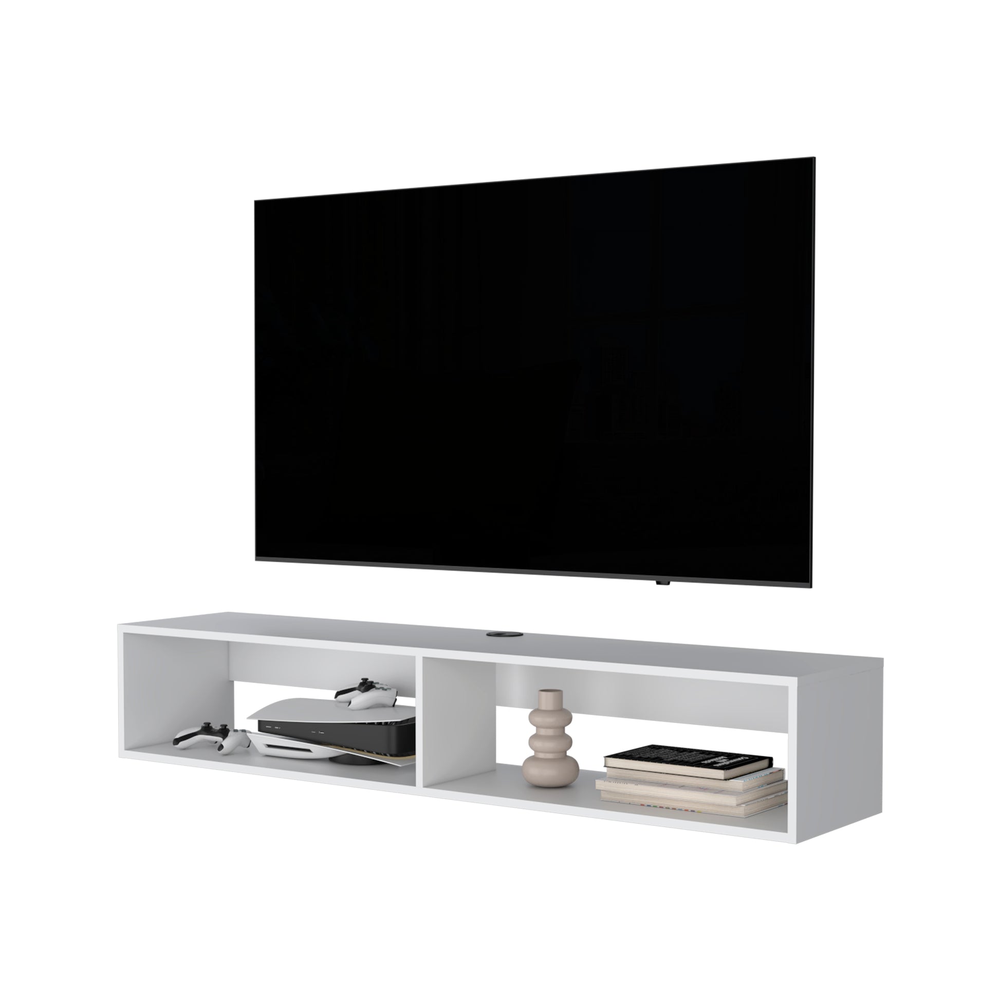 Modern white wallmounted TV stand with open shelving holding gaming console