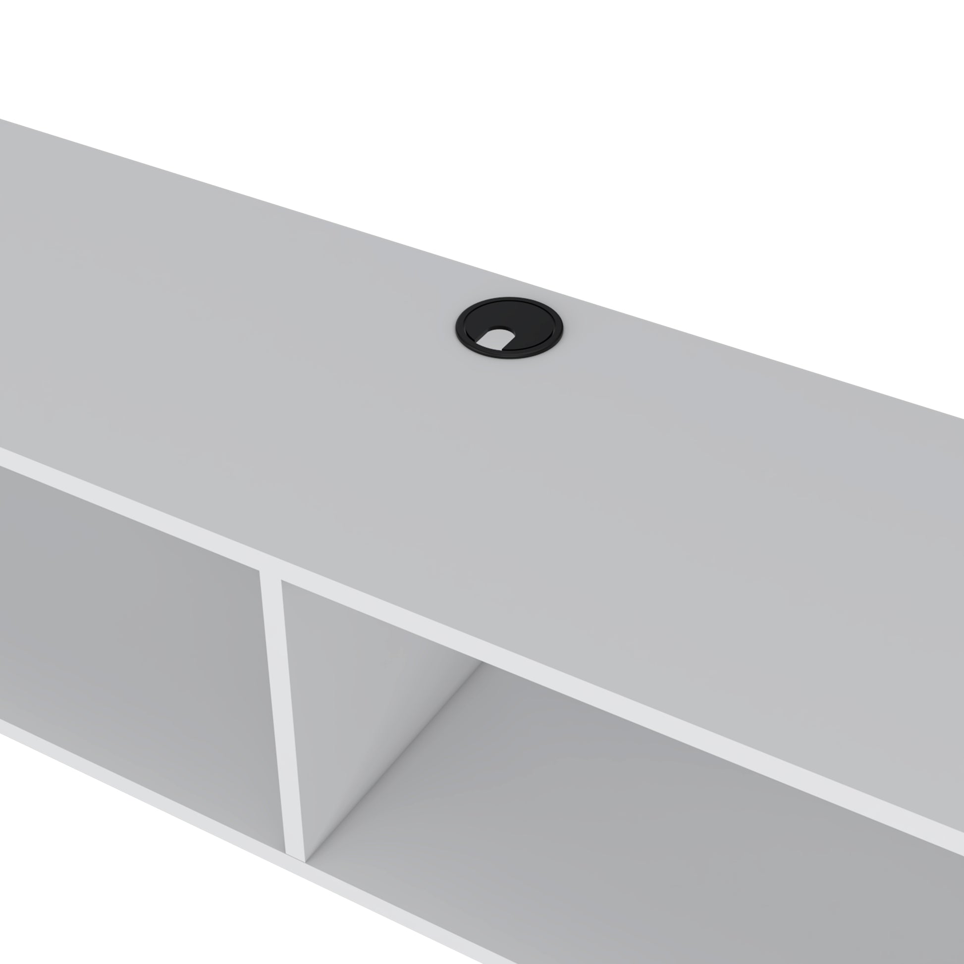 White modern desk with a black grommet for cable management