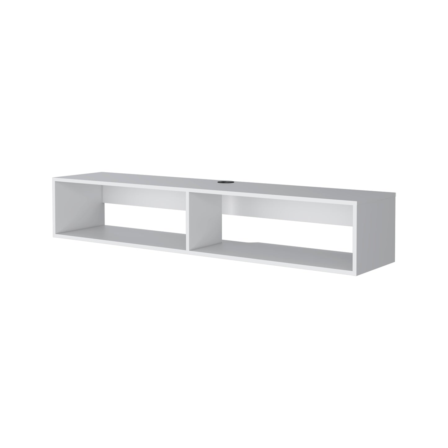 Sleek white floating shelf with two open compartments for media consoles