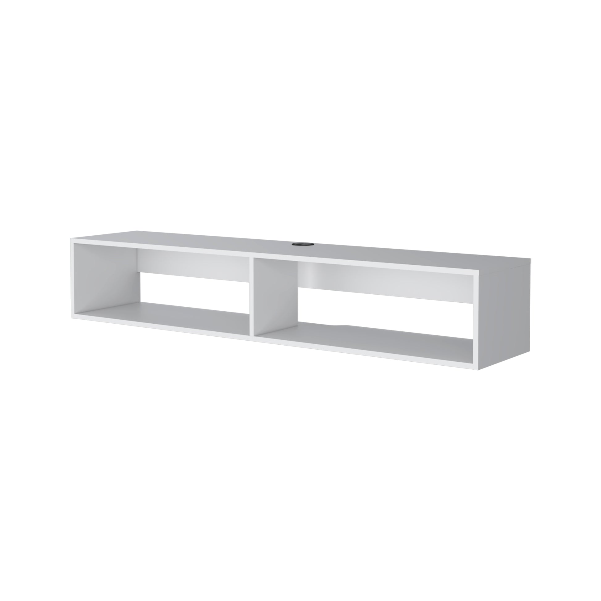 Sleek white floating shelf with two open compartments for media consoles