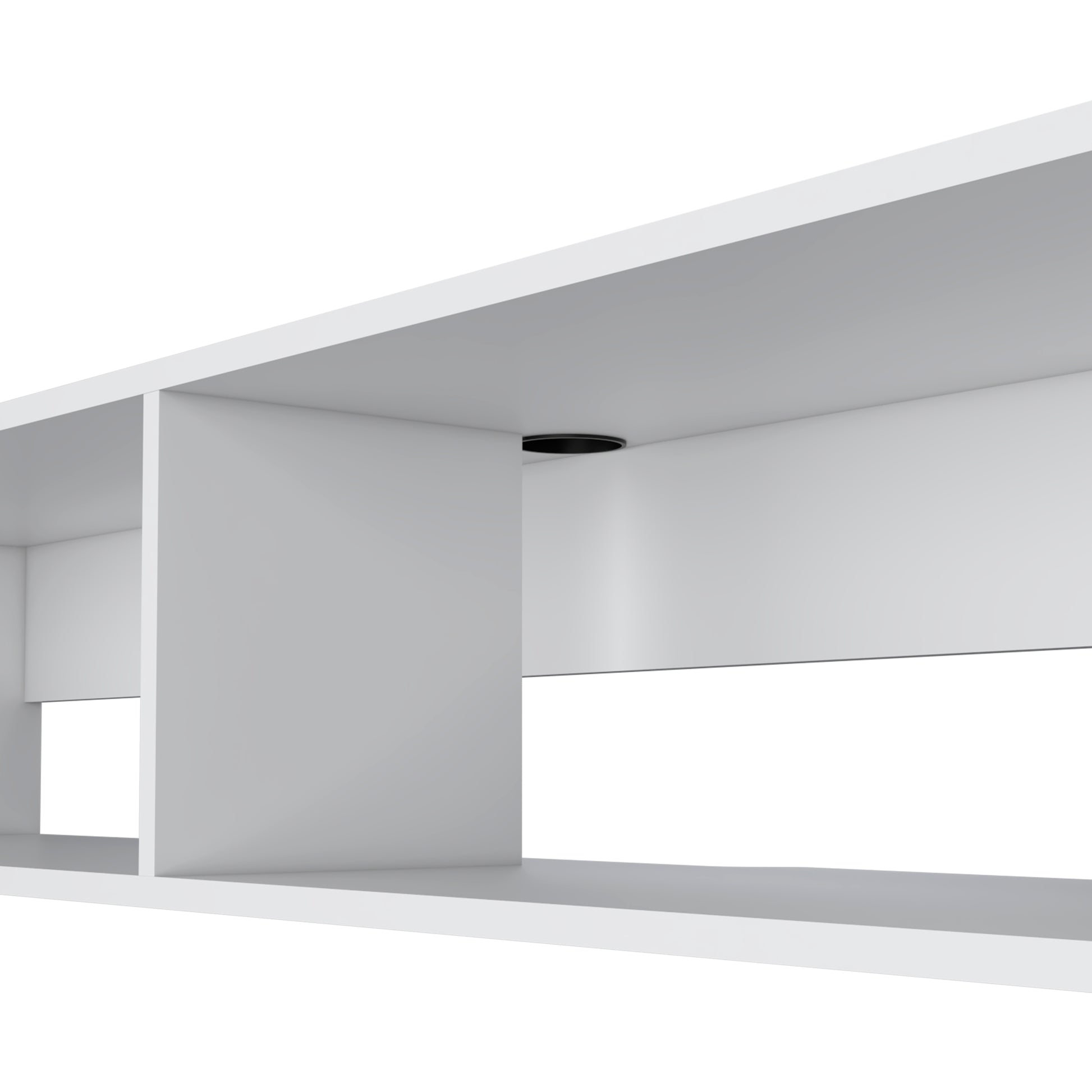 Modern white wall shelf with a discreet black cable management hole for a clean look