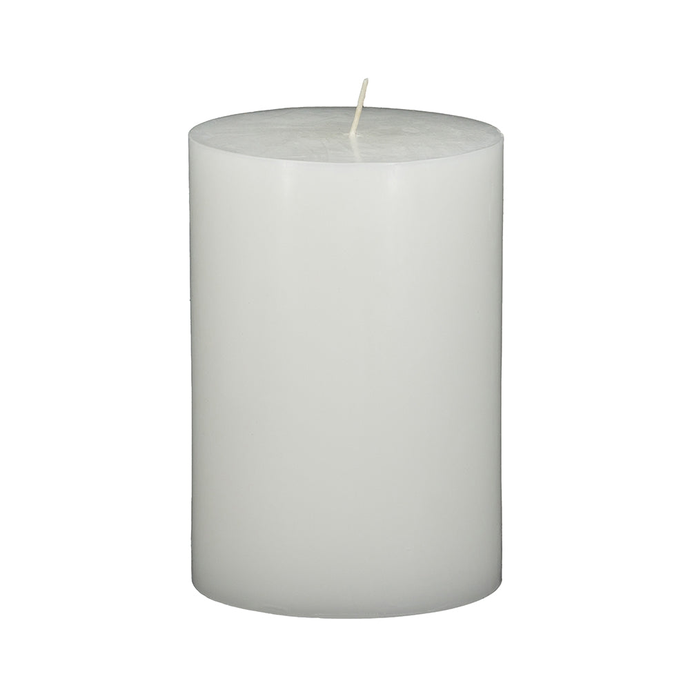 White pillar candle with a clean design and single wick