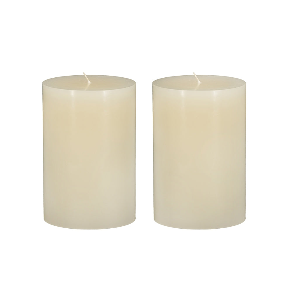 Two tall ivory pillar candles with white wicks perfect for home decor