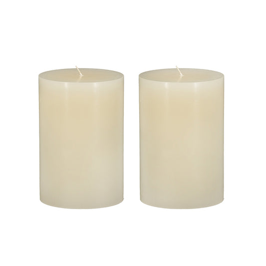 Two tall ivory pillar candles with white wicks perfect for home decor