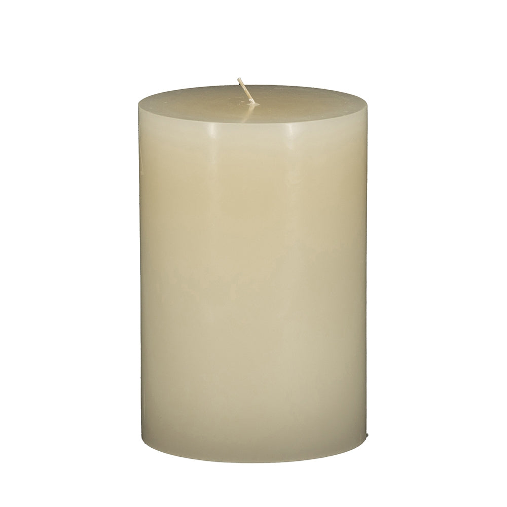 Tall ivory pillar candle with a rustic texture and centered wick