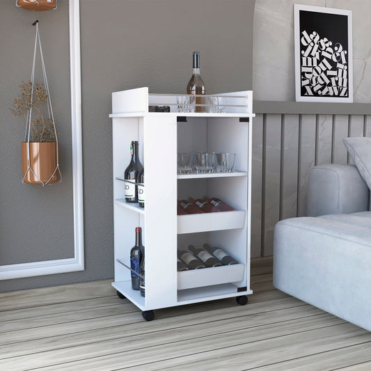 White modern serving cart with wine bottles and glasses