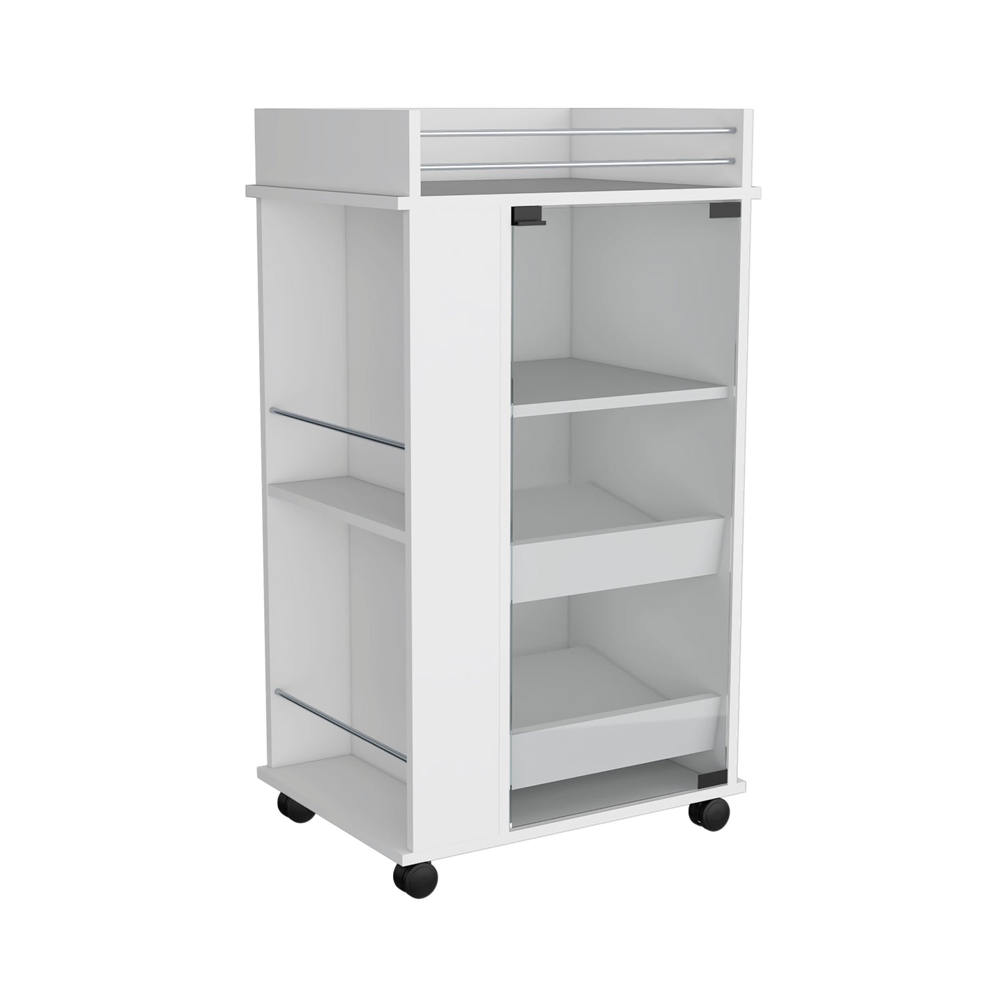 White metal trolley with three open shelves and two pullout drawers