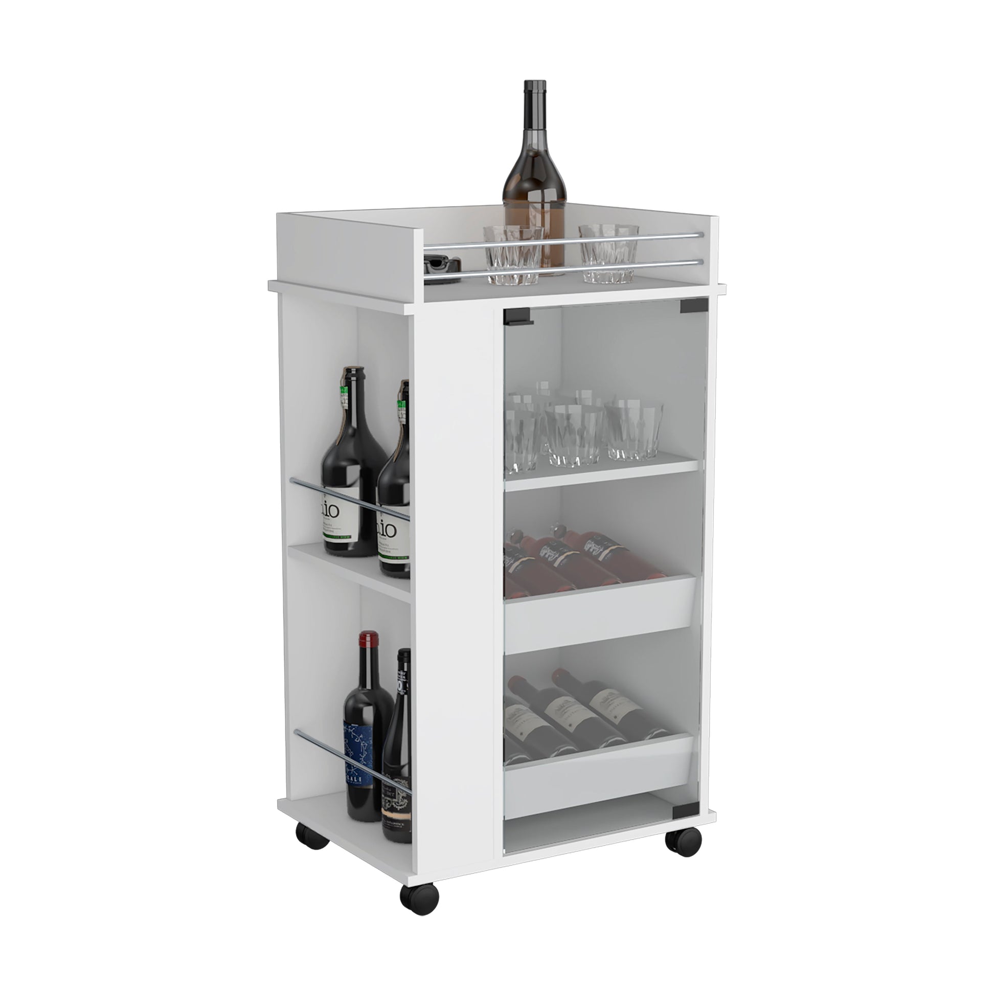 White rolling bar cart with wine bottles and glassware