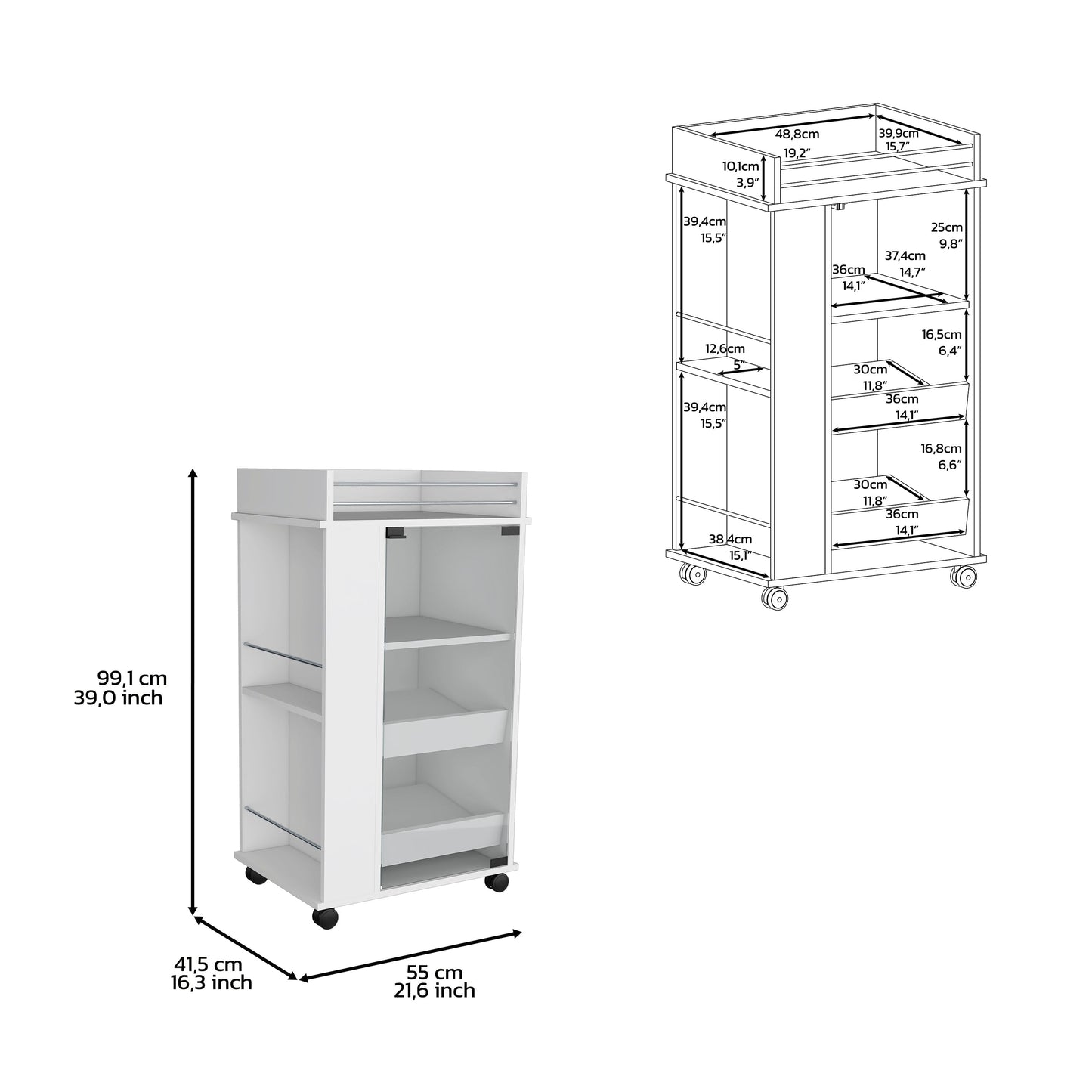 White wheeled trolley cart with multiple shelves and compartments